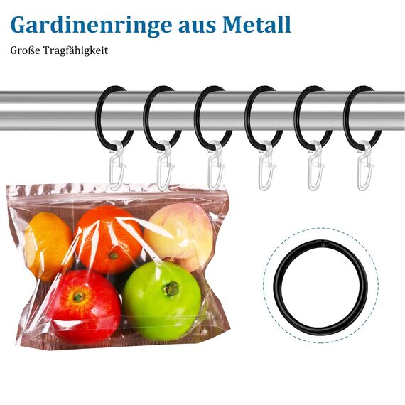Heyu-Lotus 40 Stück Metall Vorhangringe Vorhang Hängend Ringe und 40 Stück Kunststoff Gardinenhaken für Fenster Tür Duschvorhänge, 32 mm Innendurchmesser(Schwarz)