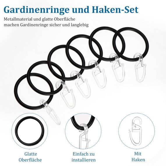 Heyu-Lotus 40 Stück Metall Vorhangringe Vorhang Hängend Ringe und 40 Stück Kunststoff Gardinenhaken für Fenster Tür Duschvorhänge, 32 mm Innendurchmesser(Schwarz)