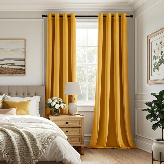 Woaboy Samtvorhänge Verdunkelungsvorhang Gardinen Samt mit Ösen Blickdicht für Wohnzimmer Blackout Curtains Thermovorhang Schalldämmend Schlafzimmer 2er Set 140x245cm (B x H) Gelb