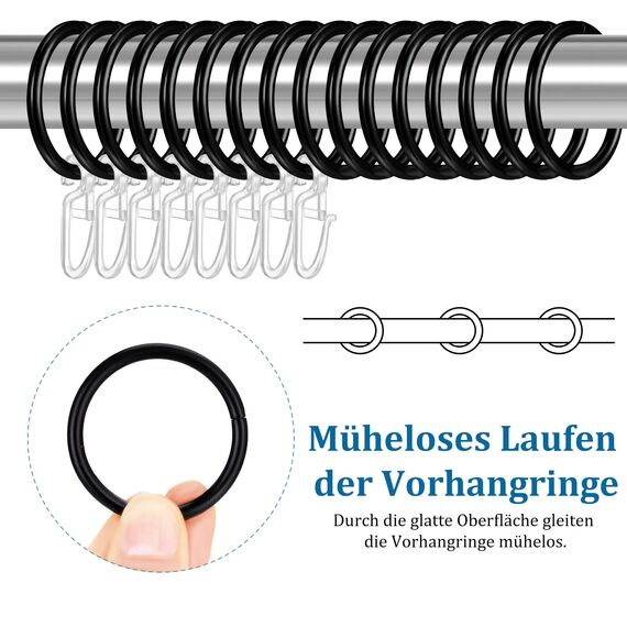 Heyu-Lotus 40 Stück Metall Vorhangringe Vorhang Hängend Ringe und 40 Stück Kunststoff Gardinenhaken für Fenster Tür Duschvorhänge, 32 mm Innendurchmesser(Schwarz)
