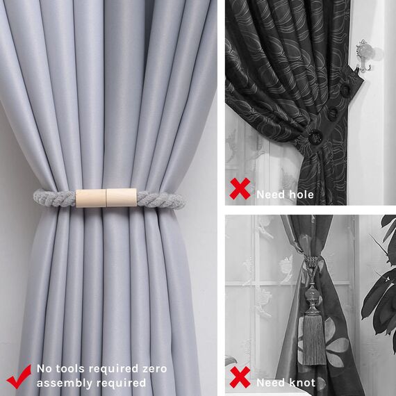 Pretty Jolly 2 Stück Magnetische Vorhang Raffhalter aus Holz, Boho, Heimdekoration, drapierte Raffhalter, handgefertigt, Baumwollseil, Vorhanghalter für Zuhause und Büro, Fenstervorhänge (Hellgrau)