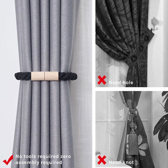 Pretty Jolly 2 Stück Magnetische Vorhang Raffhalter aus Holz, Boho, Heimdekoration, drapierte Raffhalter, handgefertigt, Baumwollseil, Vorhanghalter für Zuhause und Büro, Fenstervorhänge (Schwarz)