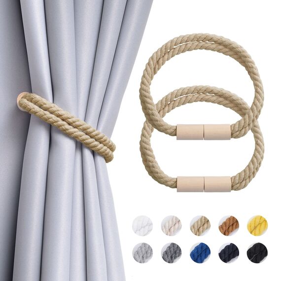 Pretty Jolly 2 Stück Magnetische Vorhang Raffhalter aus Holz, Boho-Dekoration, Raffhalter, handgefertigt, doppeltes Baumwollseil, Vorhanghalter für Zuhause und Büro, Fenstervorhänge (Dunkelbeige)