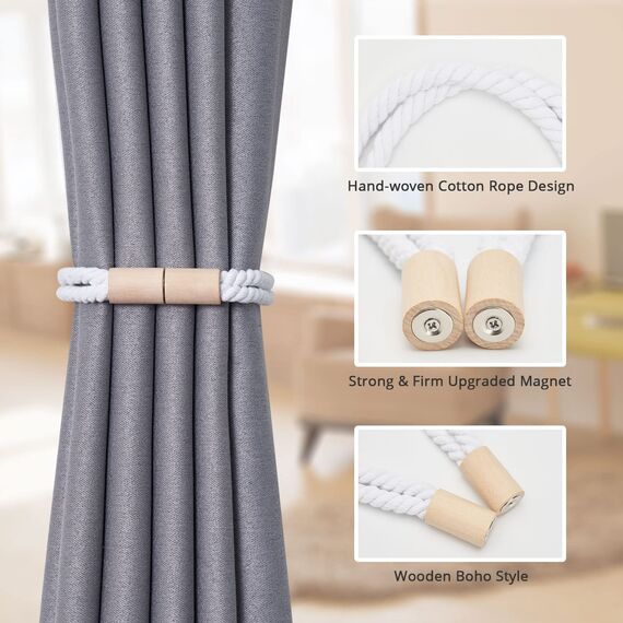 Pretty Jolly 2 Stück Magnetische Vorhang Raffhalter aus Holz, Boho-Dekoration, Raffhalter, handgefertigt, doppeltes Baumwollseil, Vorhanghalter für Zuhause und Büro, Fenstervorhänge (Weiß)