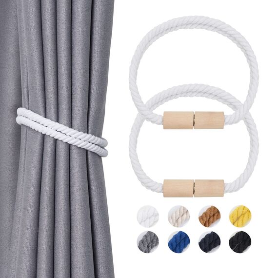 Pretty Jolly 2 Stück Magnetische Vorhang Raffhalter aus Holz, Boho-Dekoration, Raffhalter, handgefertigt, doppeltes Baumwollseil, Vorhanghalter für Zuhause und Büro, Fenstervorhänge (Weiß)