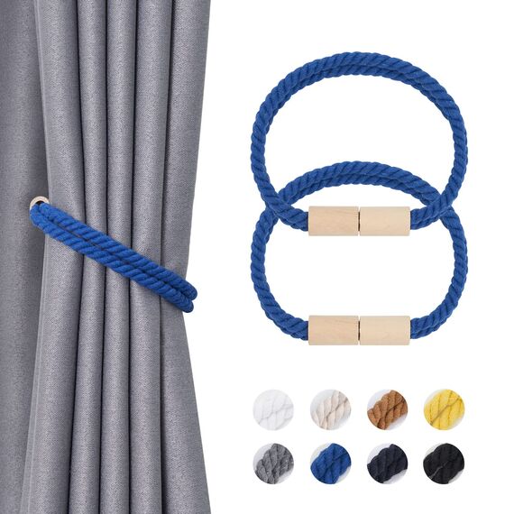 Pretty Jolly 2 Stück Magnetische Vorhang Raffhalter aus Holz, Boho-Dekoration, Raffhalter, handgefertigt, doppeltes Baumwollseil, Vorhanghalter für Zuhause und Büro, Fenstervorhänge (Hellblau)