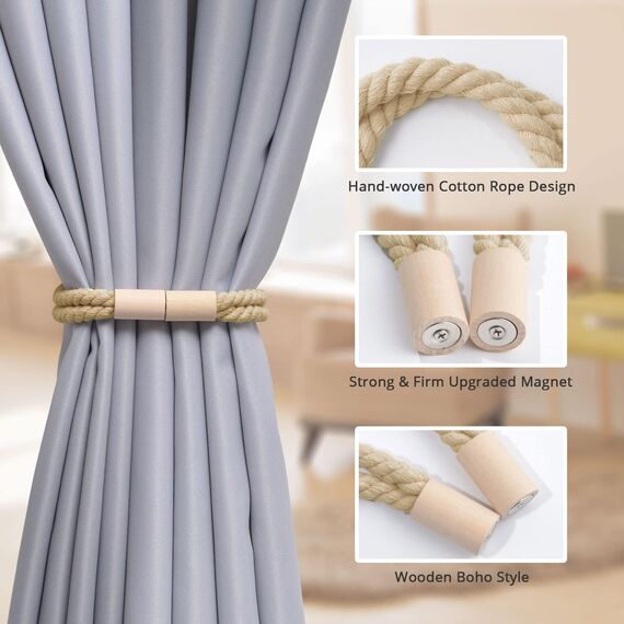 Pretty Jolly 2 Stück Magnetische Vorhang Raffhalter aus Holz, Boho-Dekoration, Raffhalter, handgefertigt, doppeltes Baumwollseil, Vorhanghalter für Zuhause und Büro, Fenstervorhänge (Dunkelbeige)