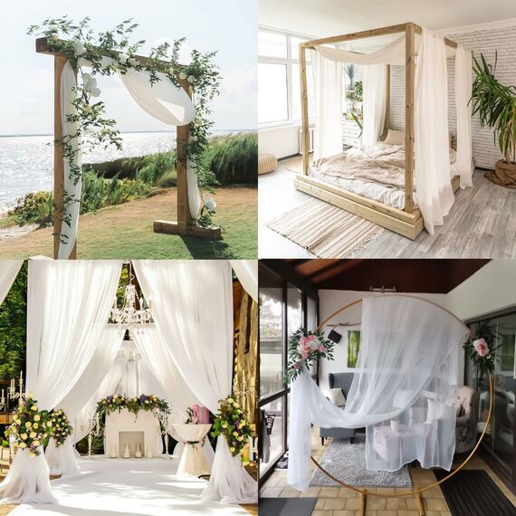 Querbehang Freihanddeko Weiß Vorhang für Hochzeit - 130 x 550cm Transparente Gardinen Schals Voile Vorhang Hochzeitsbogen Wandbehang Dekoration für Wohnzimmer Hochzeitsfeier Zeremonie Bühnendekoration