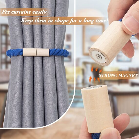 Pretty Jolly 2 Stück Magnetische Vorhang Raffhalter aus Holz, Boho, Heimdekoration, drapierte Raffhalter, handgefertigt, Baumwollseil, Vorhanghalter für Zuhause und Büro, Fenstervorhänge (Hellblau)
