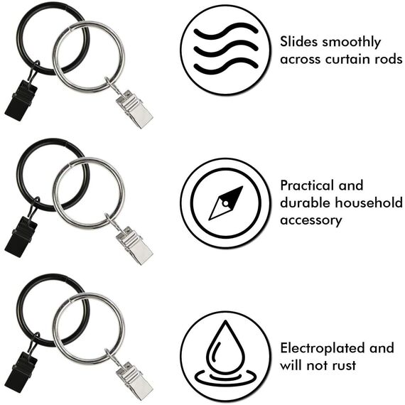 40 Stück Gardinenringe Vorhangringe, Vorhang Clip Gardinenstange 35mm Vorhang Clips mit Clip Duschvorhang Metallklammern für Vorhänge und Gardinenstangen, Silber