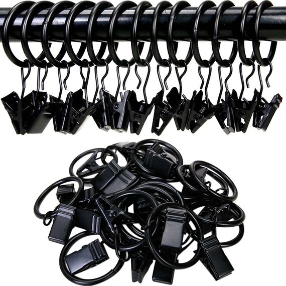 Vorhangringe mit Clips, Premium-Vorhang-Clips mit Ringen, Aufhänger, Gardinenringe, 3,2 cm Innendurchmesser, passend für Gardinenstangen bis zu 2,5 cm, Schwarz, 40 Stück