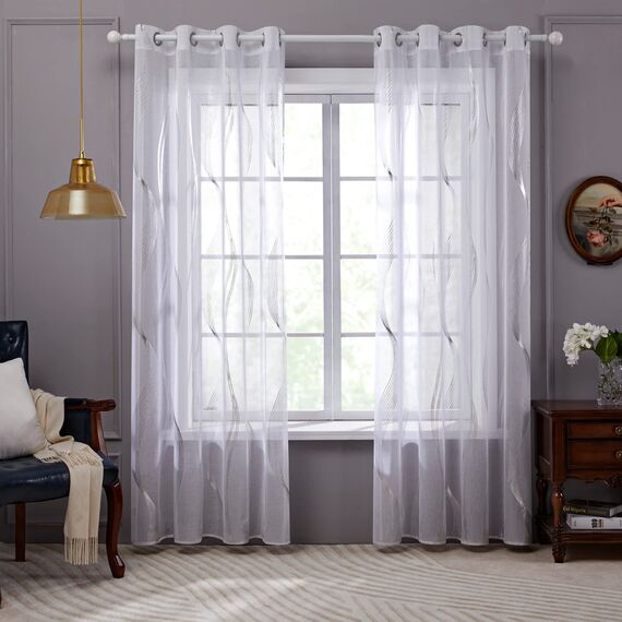 Deconovo Gardinen Weiß Vorhang Transparent Leinenoptik Ösenvorhang Voile Ösenschal Wohnzimmer, 260x140, Kurve Welle