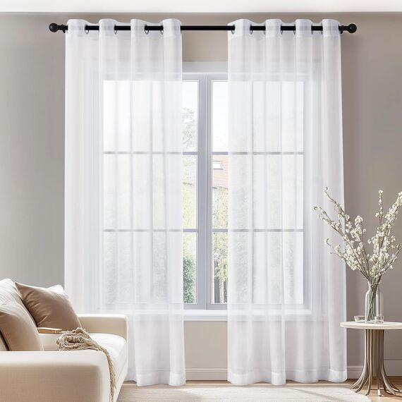 Deconovo Vorhang Transparent Gardinen Wohnzimmer Voile Vorhang Ösen, 290x140 cm(HöhexBreite), Weiß, 2er Set