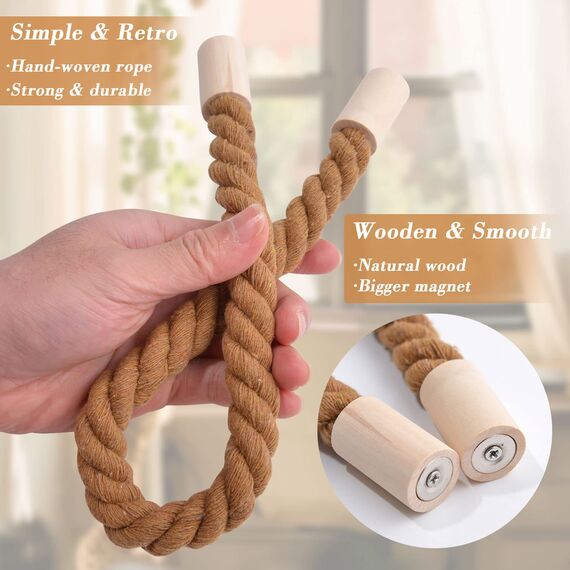Pretty Jolly 4 Stück Magnetische Vorhang Raffhalter aus Holz, Boho, Heimdekoration, drapierte Raffhalter, handgefertigt, Baumwollseil, Vorhanghalter für Zuhause und Büro, Fenstervorhänge (Kaffee)
