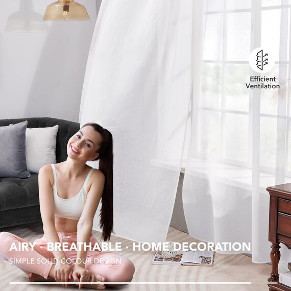 Deconovo Ösenvorhang Transparent Leinenoptik Vorhang Gardine Voile, 260x140 cm(HöhexBreite), Weiß, 2er Set