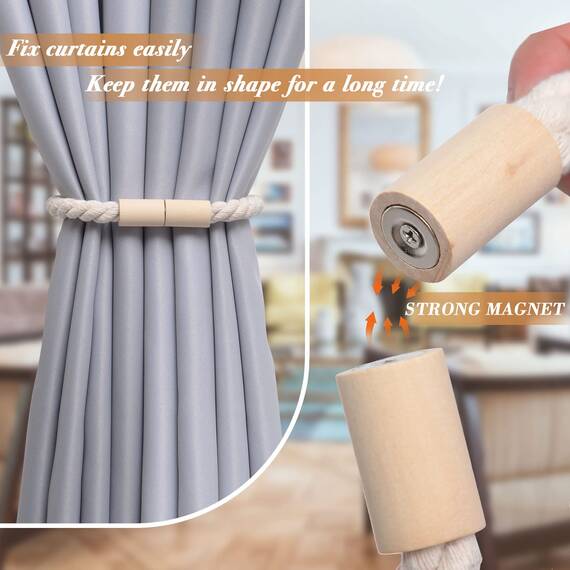 Pretty Jolly 4 Stück Magnetische Vorhang Raffhalter aus Holz, Boho, Heimdekoration, drapierte Raffhalter, handgefertigt, Baumwollseil, Vorhanghalter für Zuhause und Büro, Fenstervorhänge (Beige)