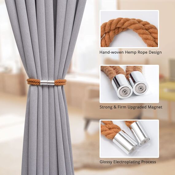 Pretty Jolly Starke magnetische Vorhang-Raffhalter, modern, schlichter Stil, Raffhalter, doppeltes Hanfseil, Kaffeebraun, 4 Stück
