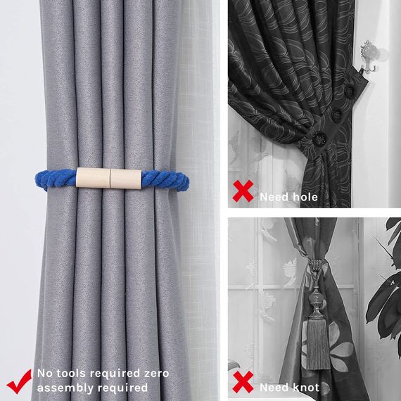 Pretty Jolly 4 Stück Magnetische Vorhang Raffhalter aus Holz, Boho, Heimdekoration, drapierte Raffhalter, handgefertigt, Baumwollseil, Vorhanghalter für Zuhause und Büro, Fenstervorhänge (Hellblau)