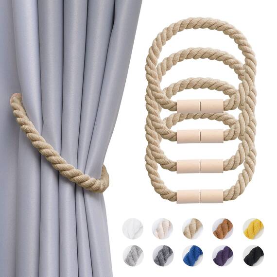 Pretty Jolly 4 Stück Magnetische Vorhang Raffhalter aus Holz, Boho Heimdekoration, drapierte Raffhalter, handgefertigt, Baumwollseil, Vorhanghalter für Zuhause und Büro, Fenstervorhänge (Dunkelbeige)