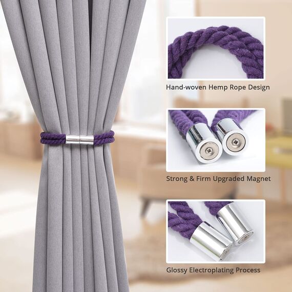 Pretty Jolly 2 Stück starke magnetische Vorhang-Raffhalter moderner einfacher Stil Drapier-Raffhalter Doppel-Hanfseil dekorative Vorhanghalter für dünne oder dicke Fenster von Haus und Büro (lila)