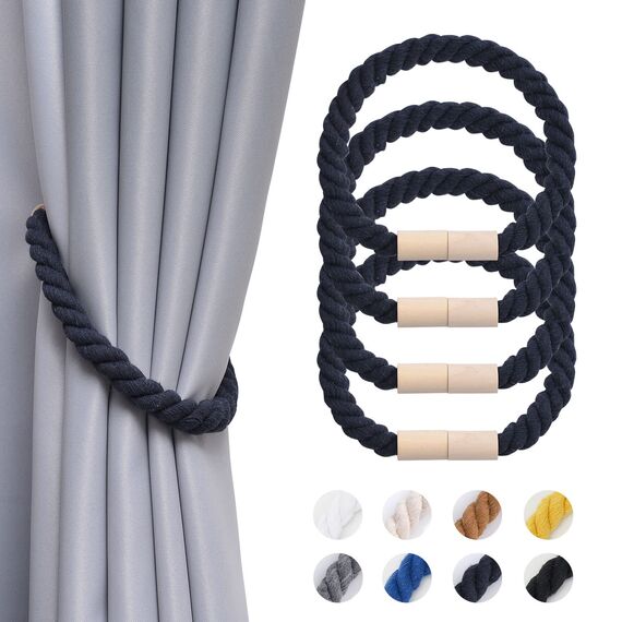 Pretty Jolly 4 Stück Magnetische Vorhang Raffhalter aus Holz, Boho, Heimdekoration, drapierte Raffhalter, handgefertigt, Baumwollseil, Vorhanghalter für Zuhause und Büro, Fenstervorhänge (Dunkelblau)