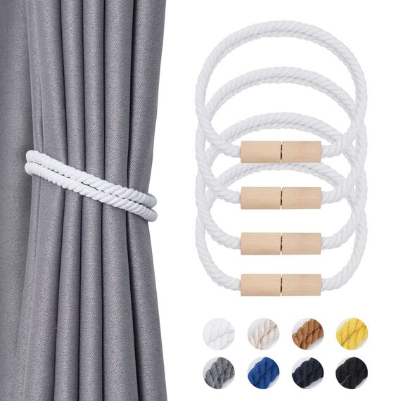 Pretty Jolly 4 Stück Magnetische Vorhang Raffhalter aus Holz, Boho-Dekoration, Raffhalter, handgefertigt, doppeltes Baumwollseil, Vorhanghalter für Zuhause und Büro, Fenstervorhänge (Weiß)