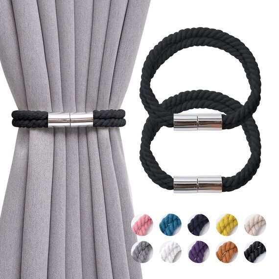 Pretty Jolly 2 Stück starke magnetische Vorhang-Raffhalter, Boho-Dekoration, Vorhang-Raffhalter, natürliche Baumwolle, Raffhalter für dünne oder dicke Zuhause und Büro, Fenstervorhänge (schwarz)