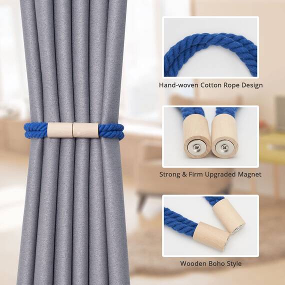 Pretty Jolly 4 Stück Magnetische Vorhang Raffhalter aus Holz, Boho-Dekoration, Raffhalter, handgefertigt, doppeltes Baumwollseil, Vorhanghalter für Zuhause und Büro, Fenstervorhänge (Hellblau)