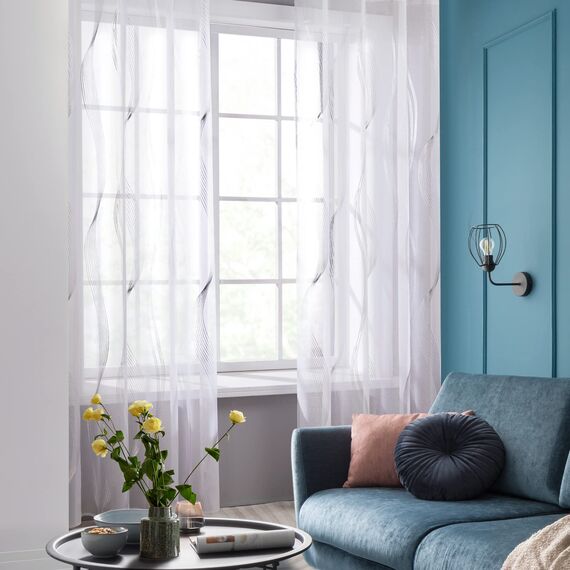 Deconovo Gardinen Weiß Vorhang Transparent Leinenoptik Ösenvorhang Voile Ösenschal Wohnzimmer, 260x140, Kurve Welle