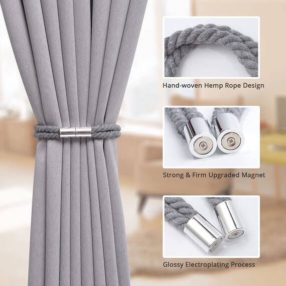 Pretty Jolly 2 Stück starke magnetische Vorhang-Raffhalter moderner einfacher Stil Drapier-Raffhalter Doppel-Hanfseil dekorative Vorhanghalter für dünne oder dicke Fenster zu Hause & Büro (grau)