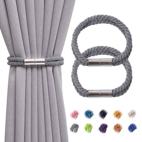 Pretty Jolly 2 Stück starke magnetische Vorhang-Raffhalter moderner einfacher Stil Drapier-Raffhalter Doppel-Hanfseil dekorative Vorhanghalter für dünne oder dicke Fenster zu Hause & Büro (grau)