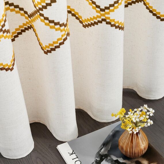Deconovo Ösen Gardinen Voile Vorhang Leinenoptik Transparente Stores Gardinen Wohnzimmer Gardinenschal Durchsichtig Ösenvorhang mit Muster für Schlafzimmer Balkon, H214 x B140 cm, Creme, 2er Set