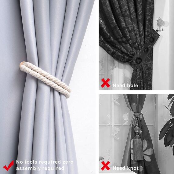 Pretty Jolly 4 Stück Magnetische Vorhang Raffhalter aus Holz, Boho-Dekoration, Raffhalter, handgefertigt, doppeltes Baumwollseil, Vorhanghalter für Zuhause und Büro, Fenstervorhänge (Beige)
