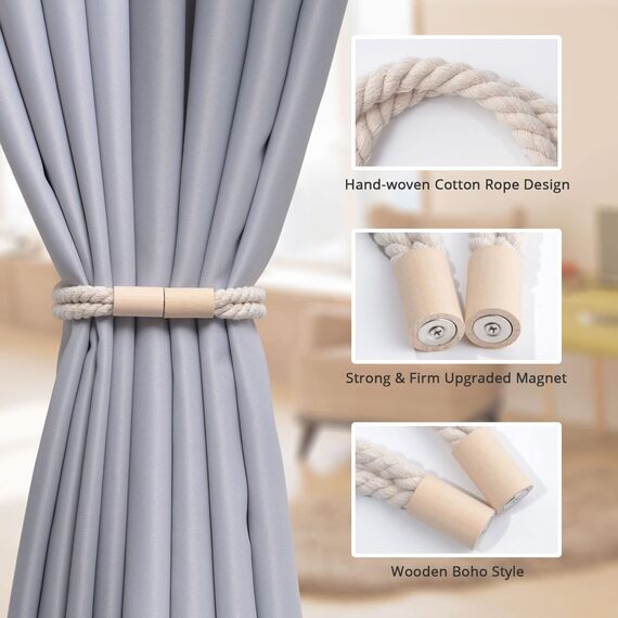 Pretty Jolly 4 Stück Magnetische Vorhang Raffhalter aus Holz, Boho-Dekoration, Raffhalter, handgefertigt, doppeltes Baumwollseil, Vorhanghalter für Zuhause und Büro, Fenstervorhänge (Beige)