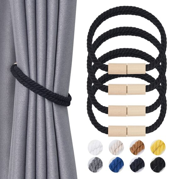 Pretty Jolly 4 Stück Magnetische Vorhang Raffhalter aus Holz, Boho-Dekoration, Raffhalter, handgefertigt, doppeltes Baumwollseil, Vorhanghalter für Zuhause und Büro, Fenstervorhänge (Schwarz)