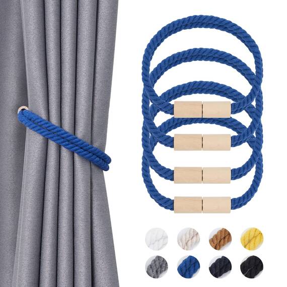 Pretty Jolly 4 Stück Magnetische Vorhang Raffhalter aus Holz, Boho-Dekoration, Raffhalter, handgefertigt, doppeltes Baumwollseil, Vorhanghalter für Zuhause und Büro, Fenstervorhänge (Hellblau)