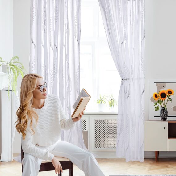 Deconovo Gardinen Weiß Vorhang Transparent Leinenoptik Ösenvorhang Voile Ösenschal Wohnzimmer, 260x140, Kurve Welle
