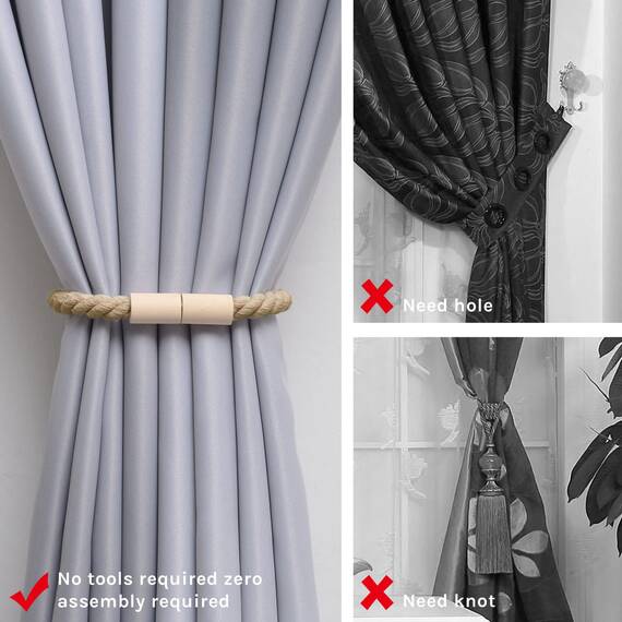 Pretty Jolly 4 Stück Magnetische Vorhang Raffhalter aus Holz, Boho Heimdekoration, drapierte Raffhalter, handgefertigt, Baumwollseil, Vorhanghalter für Zuhause und Büro, Fenstervorhänge (Dunkelbeige)
