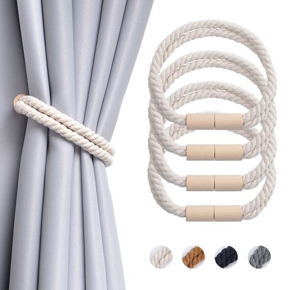 Pretty Jolly 4 Stück Magnetische Vorhang Raffhalter aus Holz, Boho-Dekoration, Raffhalter, handgefertigt, doppeltes Baumwollseil, Vorhanghalter für Zuhause und Büro, Fenstervorhänge (Beige)
