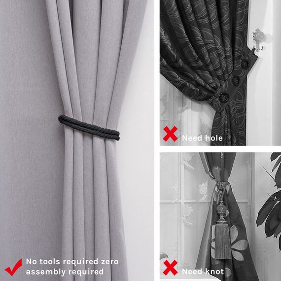 Pretty Jolly 4 Stück starke magnetische Vorhang-Raffhalter, Boho-Dekoration, Vorhang-Raffhalter, natürliche Baumwolle, Raffhalter für dünne oder dicke Zuhause und Büro, Fenstervorhänge (schwarz)