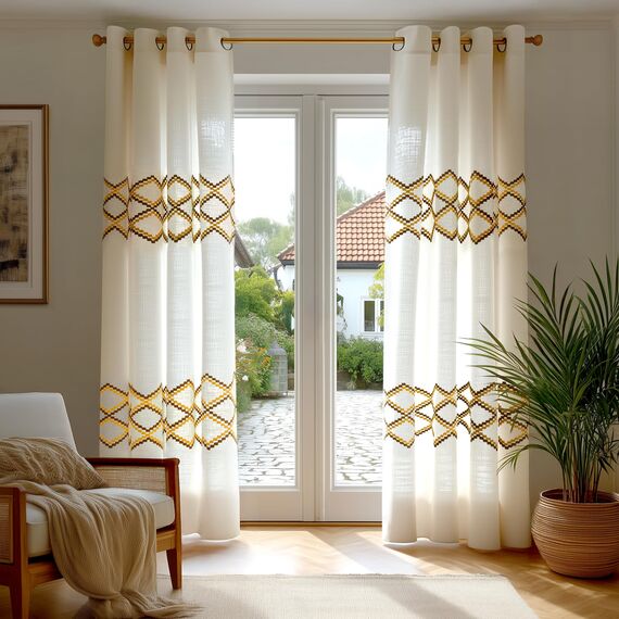Deconovo Ösen Gardinen Voile Vorhang Leinenoptik Transparente Stores Gardinen Wohnzimmer Gardinenschal Durchsichtig Ösenvorhang mit Muster für Schlafzimmer Balkon, H214 x B140 cm, Creme, 2er Set