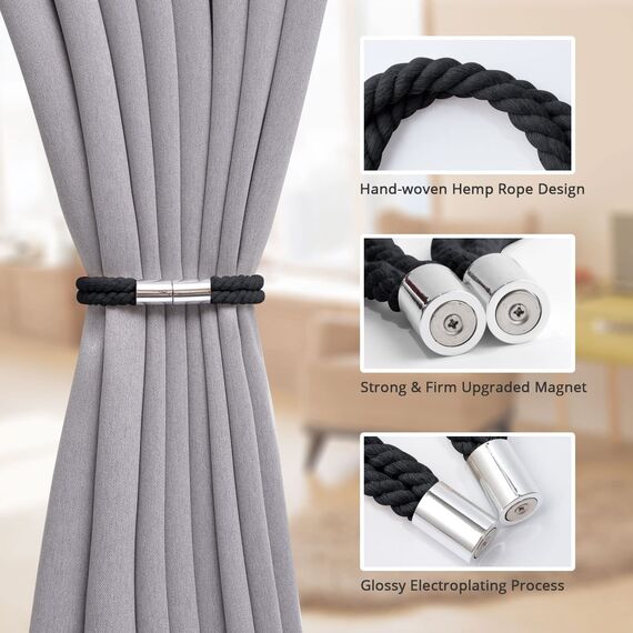 Pretty Jolly 2 Stück starke magnetische Vorhang-Raffhalter, Boho-Dekoration, Vorhang-Raffhalter, natürliche Baumwolle, Raffhalter für dünne oder dicke Zuhause und Büro, Fenstervorhänge (schwarz)