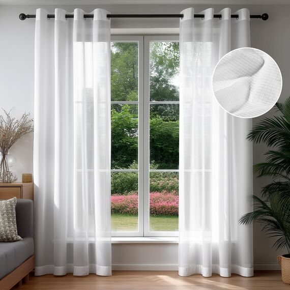 Deconovo Vorhänge mit Ösen Gardinen Transparent Reflektierend Lichtabweisend UV-Schutz Waschbar Vorhang für Wohnzimmer Schlafzimmer Lichtdurchlässig, H214 x B140 cm, Weiß, 2er Set