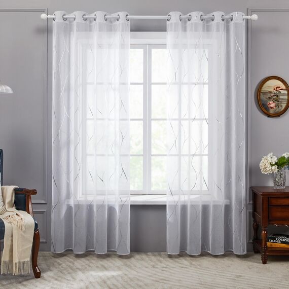 Deconovo Gardinen Weiß Vorhang Transparent Leinenoptik Ösenvorhang Voile Ösenschal Wohnzimmer, 175x140, Wellenlinie
