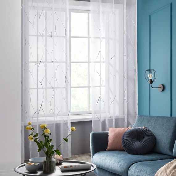 Deconovo Gardinen Weiß Vorhang Transparent Leinenoptik Ösenvorhang Voile Ösenschal Wohnzimmer, 175x140, Wellenlinie