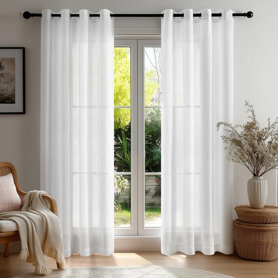 Deconovo Voile Vorhänge mit Ösen Transparente Vorhang Stores Gardinen Wohnzimmer Dekoschal für Schlafzimmer Ösenschal Lichtdurchlässig, H214 x B140 cm, Weiß, 2er Set