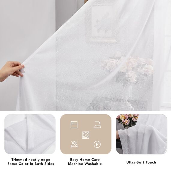 Deconovo Voile Durchsichtig Vorhang mit Ösen Transparent Dekoschal Leinenoptik Luftige Gardinen Kinderzimmer, H300 x B140 cm, für Wohnbereich und Schlafraum, 2er Set,Naturweiß