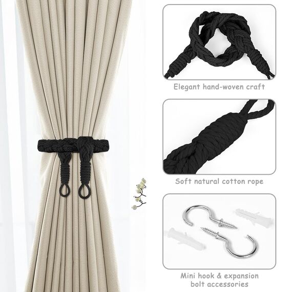 HOTUT Vorhang Raffhalter, 2 Stück Curtain Rope Buckle, Handgestrickte Vorhang-Raffhalter, Vorhangbinder, Gardinen Raffhalter für Haus Office, Wohnzimmer, Schlafzimmer-Schwarz