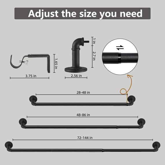 Schwarze Gardinenstange Ausziehbar Metall x3 Sätze, Industrie Gardinenstangen für Ösenvorhänge, Industrielle Gardienenstangenset für Fenster 67 cm - 122 cm((67 cm - 122 cm) X 3 PACK)