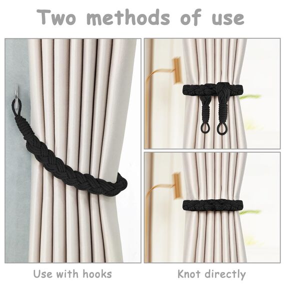 HOTUT Vorhang Raffhalter, 2 Stück Curtain Rope Buckle, Handgestrickte Vorhang-Raffhalter, Vorhangbinder, Gardinen Raffhalter für Haus Office, Wohnzimmer, Schlafzimmer-Schwarz